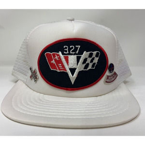 Vintage 327 Chevy Camaro V-Flags Logo Cap Adjustable White Trucker Hat with Pins